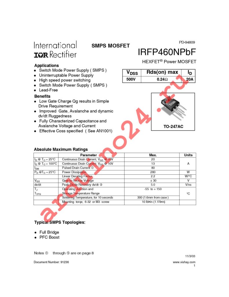 IRFP460NPBF datasheet