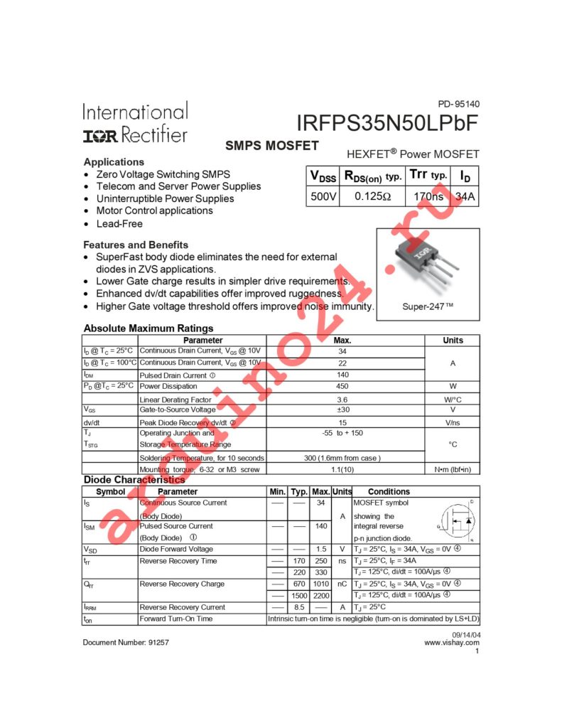 IRFPS35N50LPBF datasheet