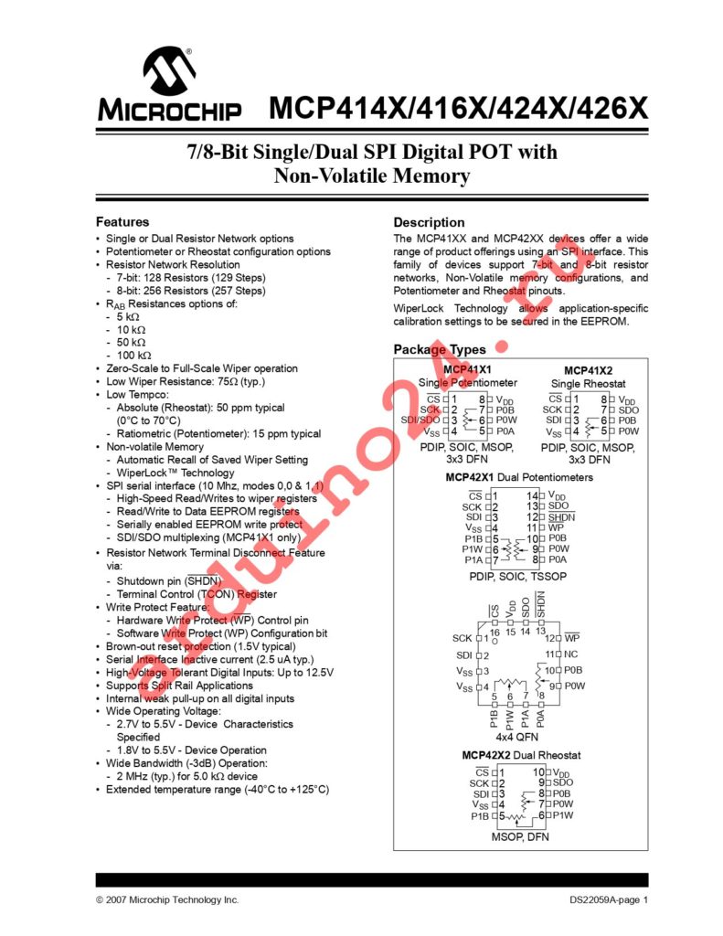 MCP4161-502E/SN datasheet