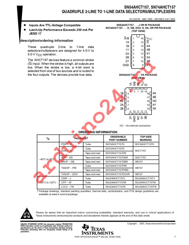 SN74AHCT157DE4 datasheet