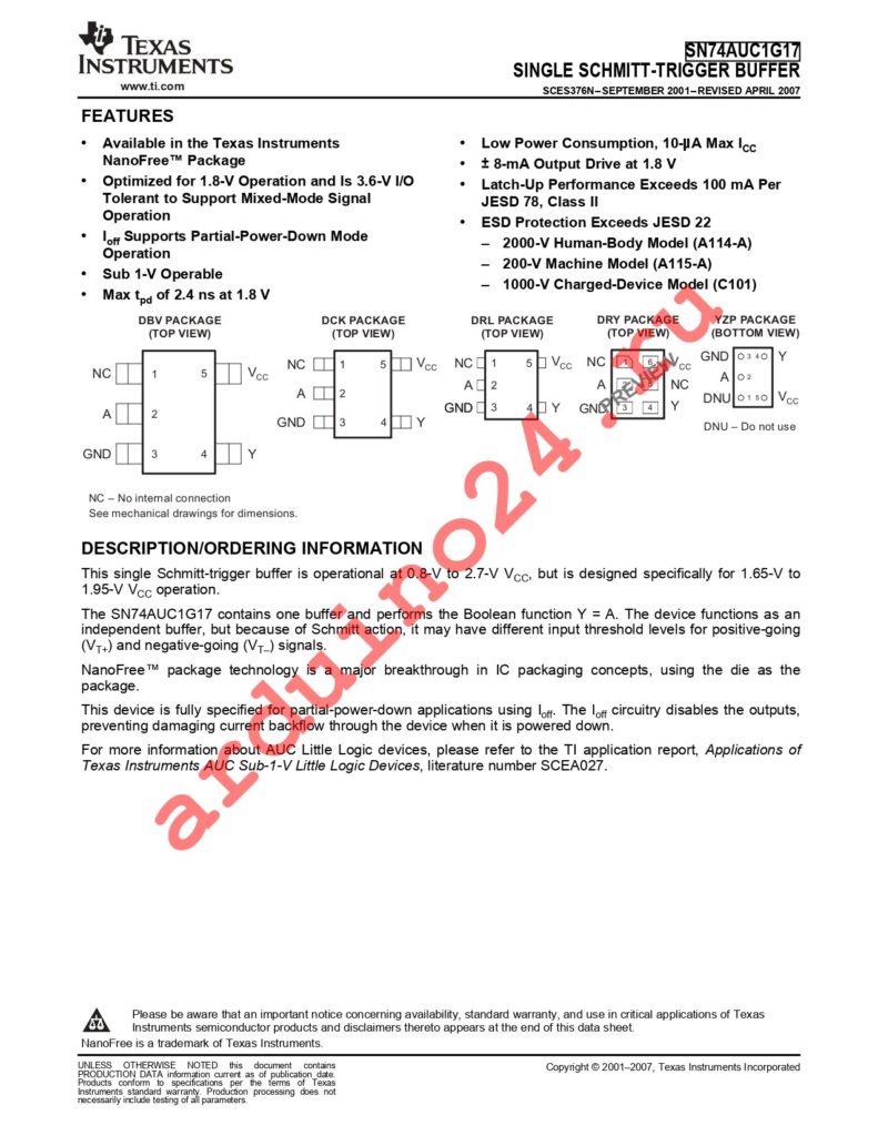 SN74AUC1G17YEPR datasheet