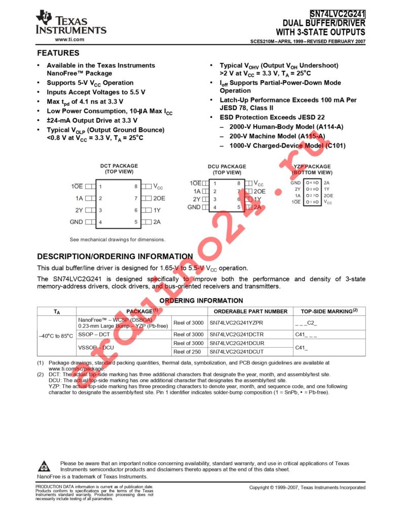 SN74LVC2G241YZAR datasheet