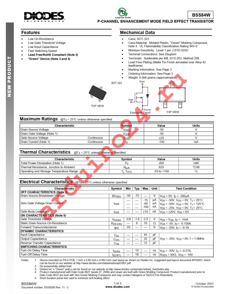 BSS84W-7-F datasheet
