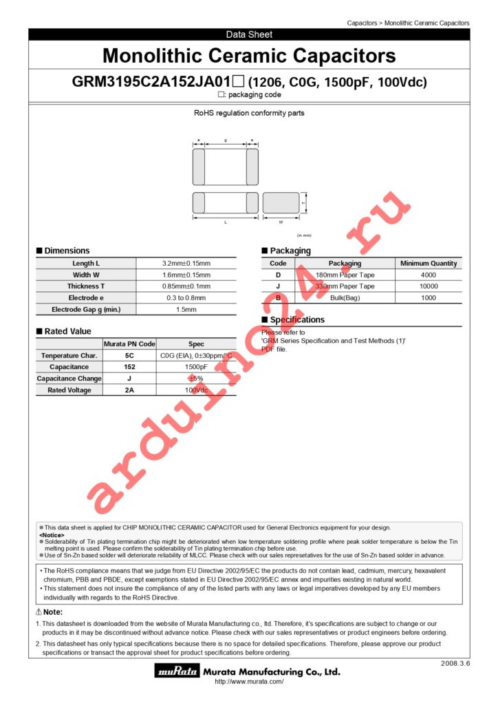 GRM3195C2A152JA01D datasheet