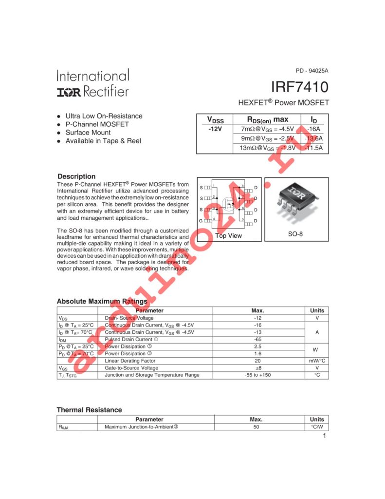 IRF7410TRPBF datasheet