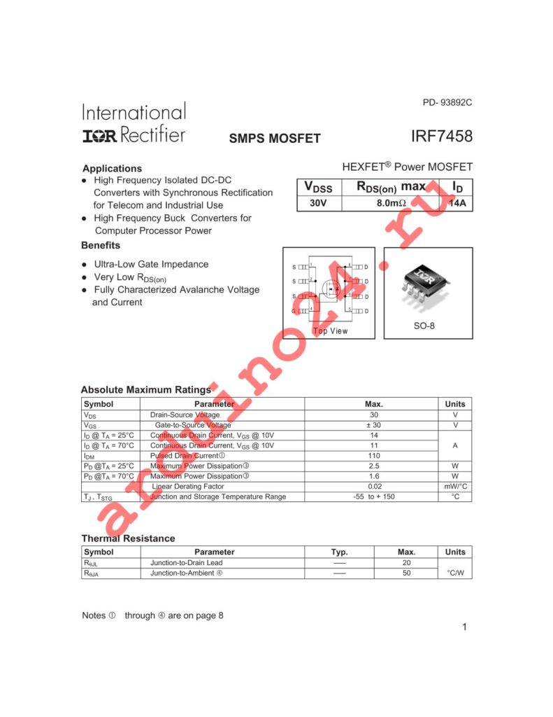 IRF7458PBF datasheet