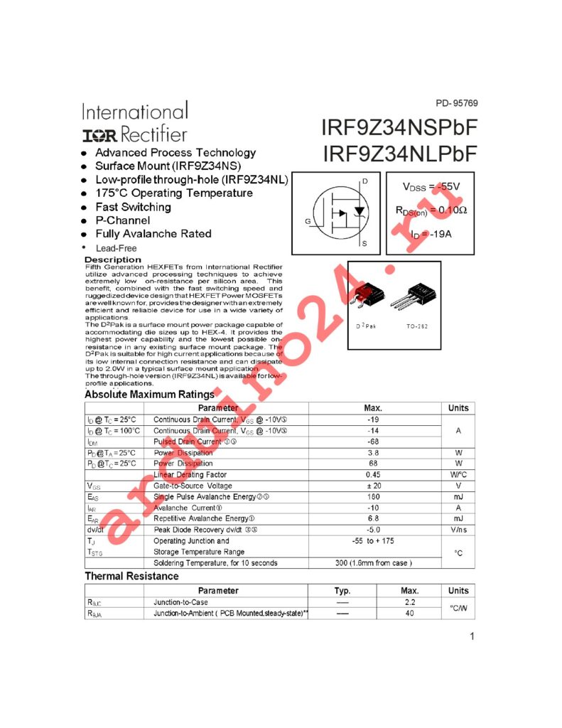 IRF9Z34NSPBF datasheet