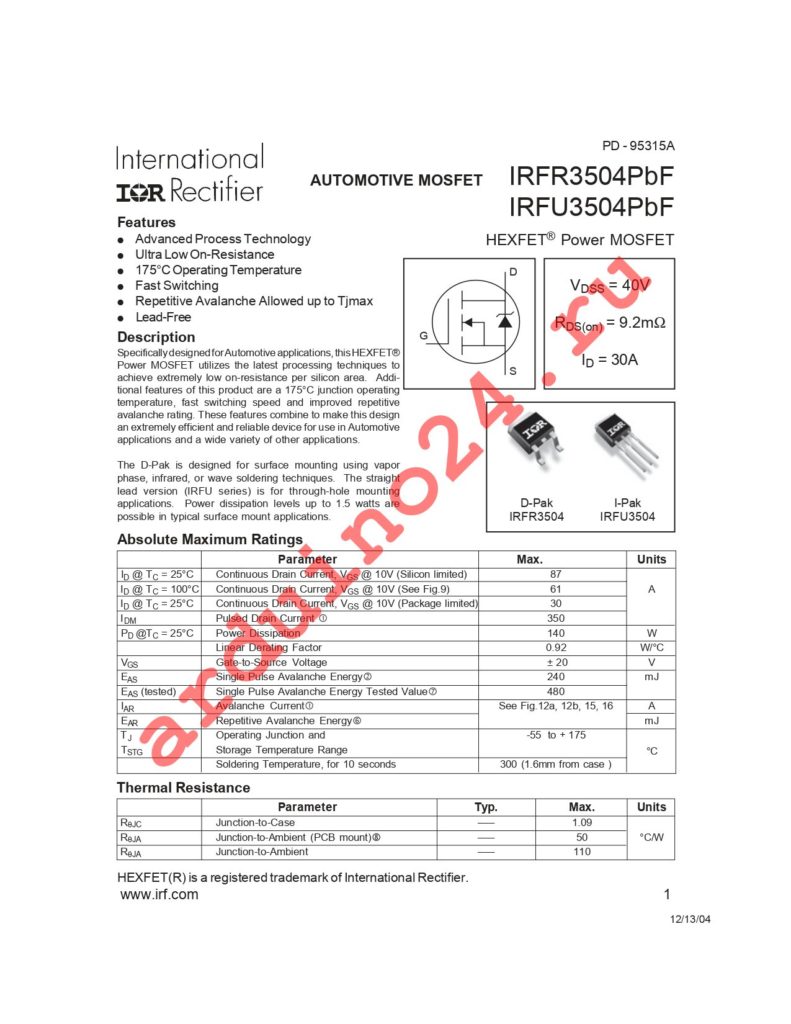 IRFR3504TRPBF datasheet
