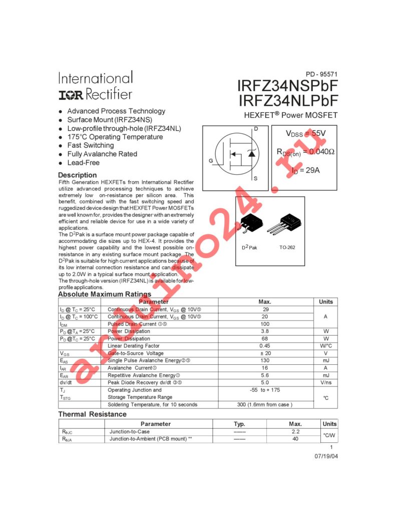 IRFZ34NSPBF datasheet