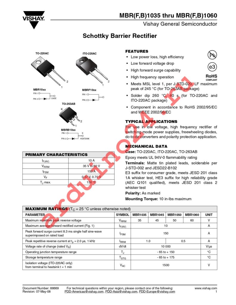 MBRB1050HE3/45 datasheet