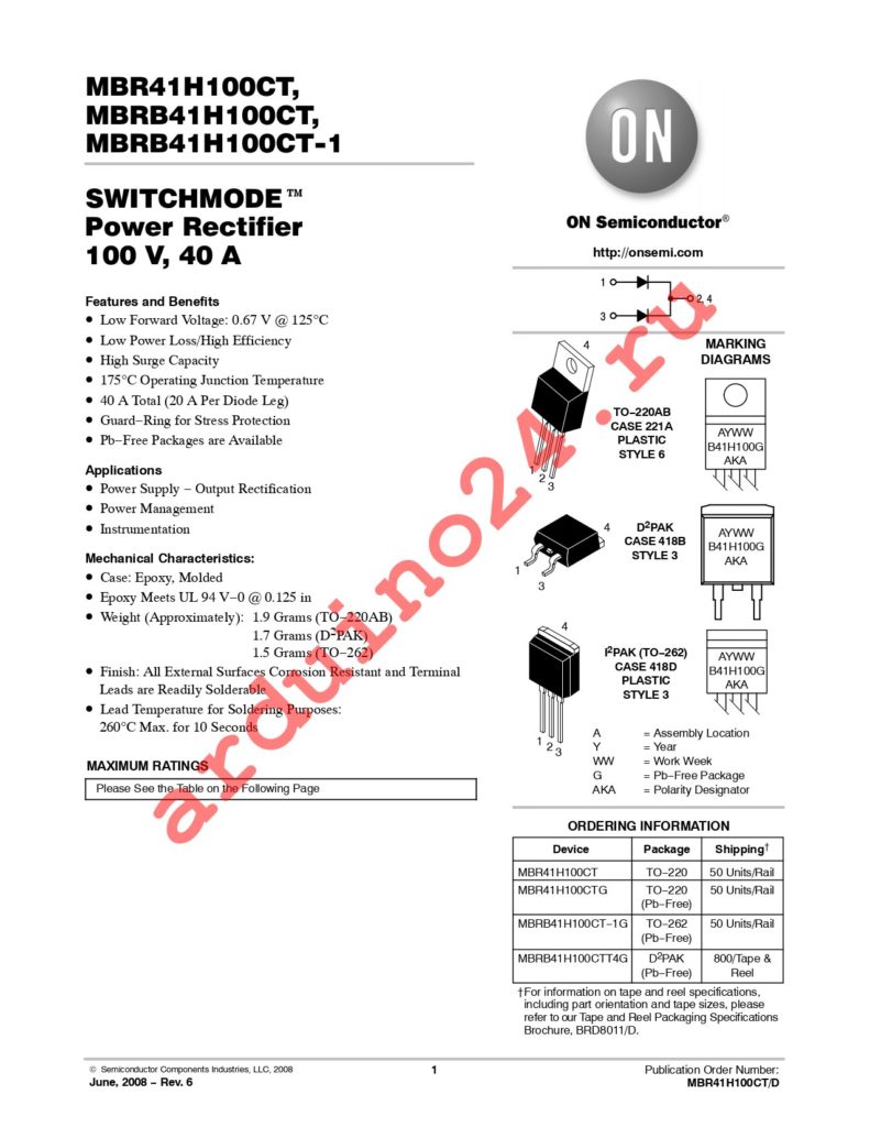 MBRB41H100CT-1G datasheet