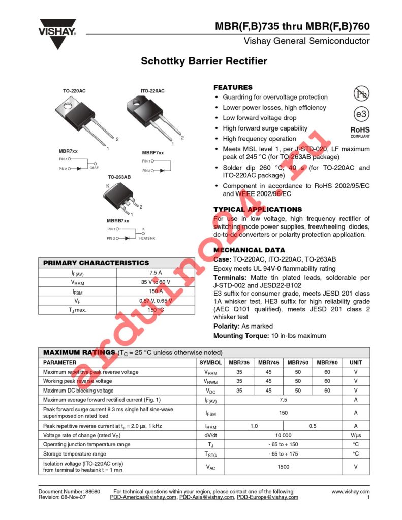 MBRB745HE3/45 datasheet