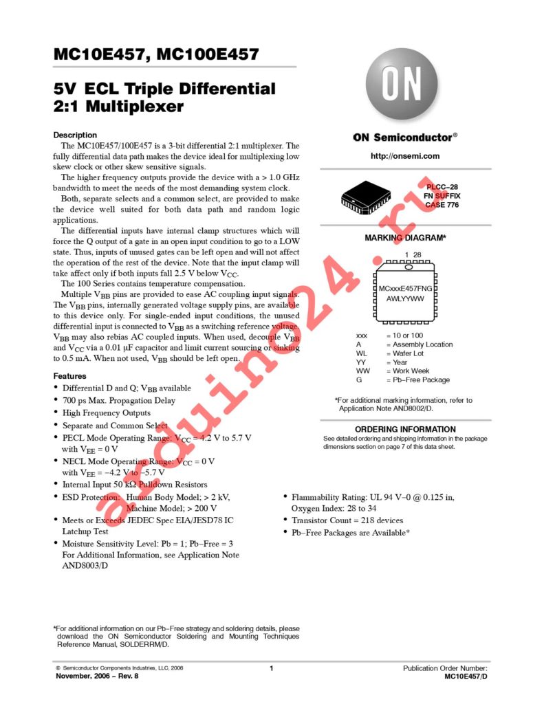 MC10E457FNR2 datasheet