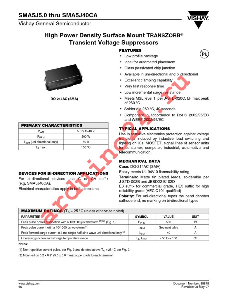 SMA5J18A-E3/61 datasheet