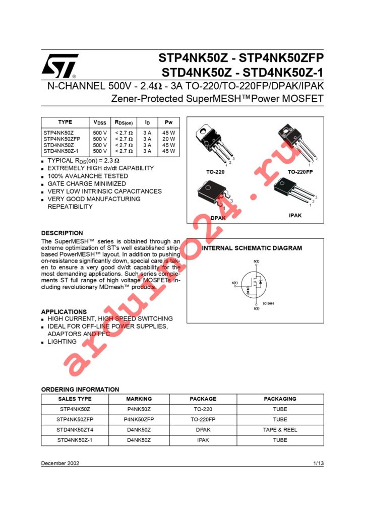 STP4NK50ZFP datasheet