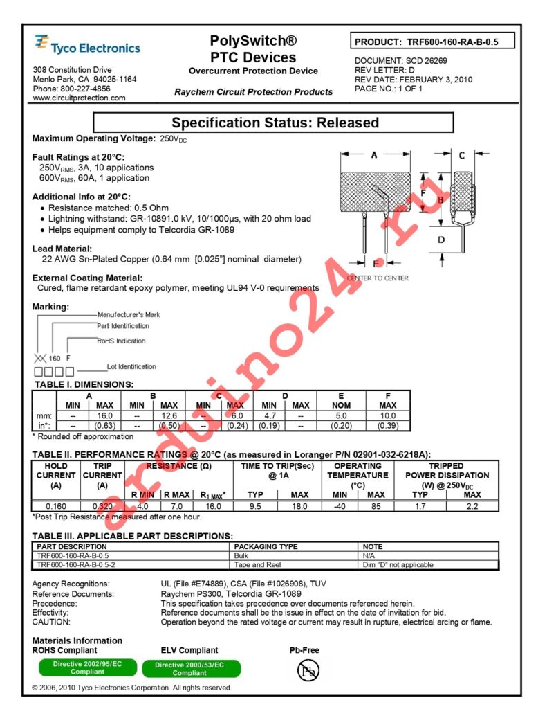 TRF600-160-RA-B-0.5 datasheet