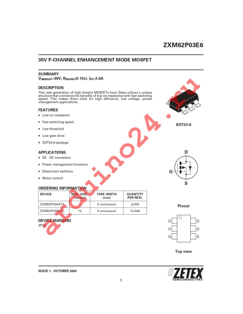 ZXM62P03E6TA datasheet