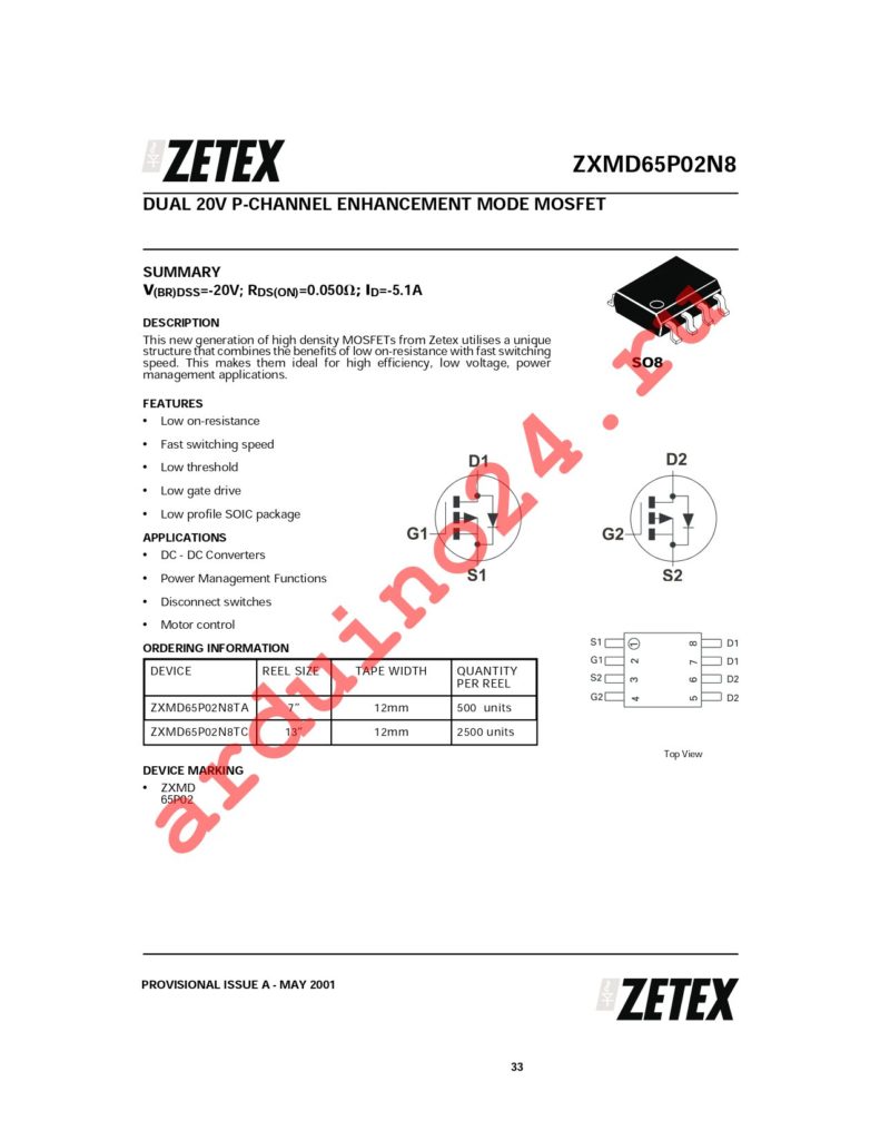 ZXMD65P02N8TA datasheet