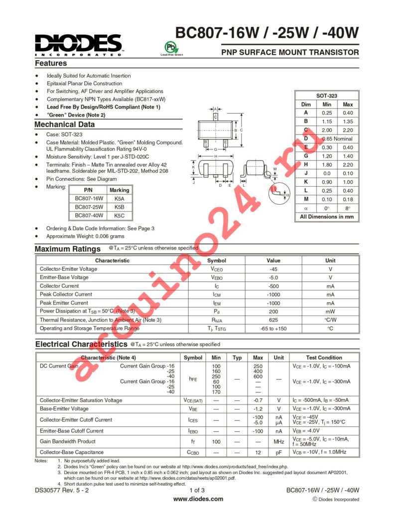 BC807-16W-7 datasheet