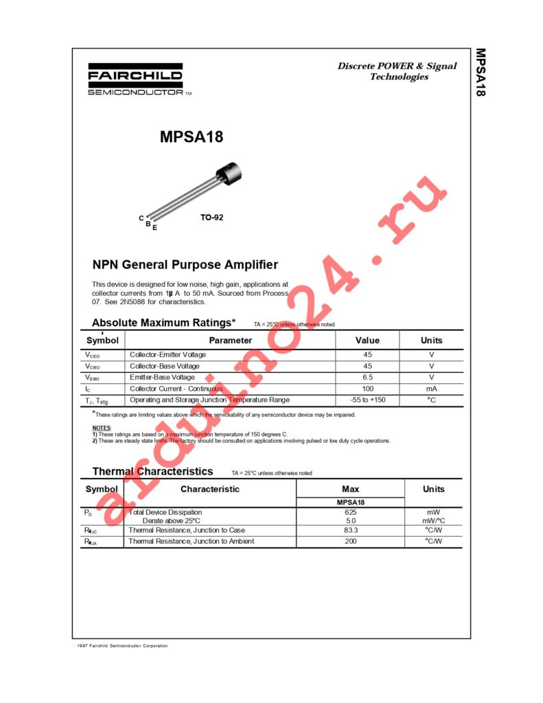 MPSA18_D75Z datasheet