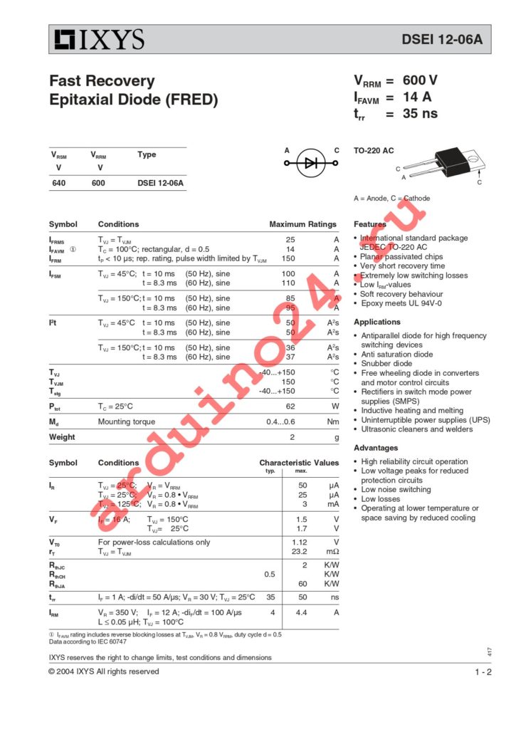 DSEI12-06A datasheet