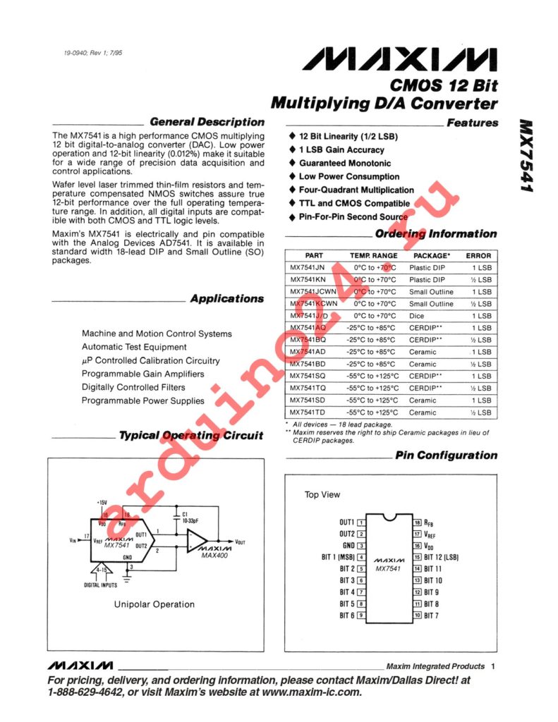 MX7541JCWN+T datasheet